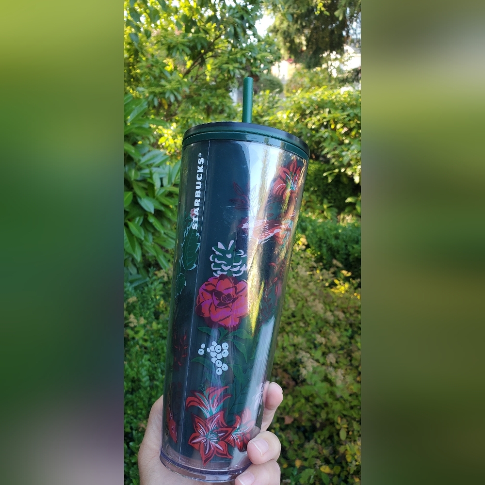 Starbucks Dark Green Floral Tumbler with Straw 24oz